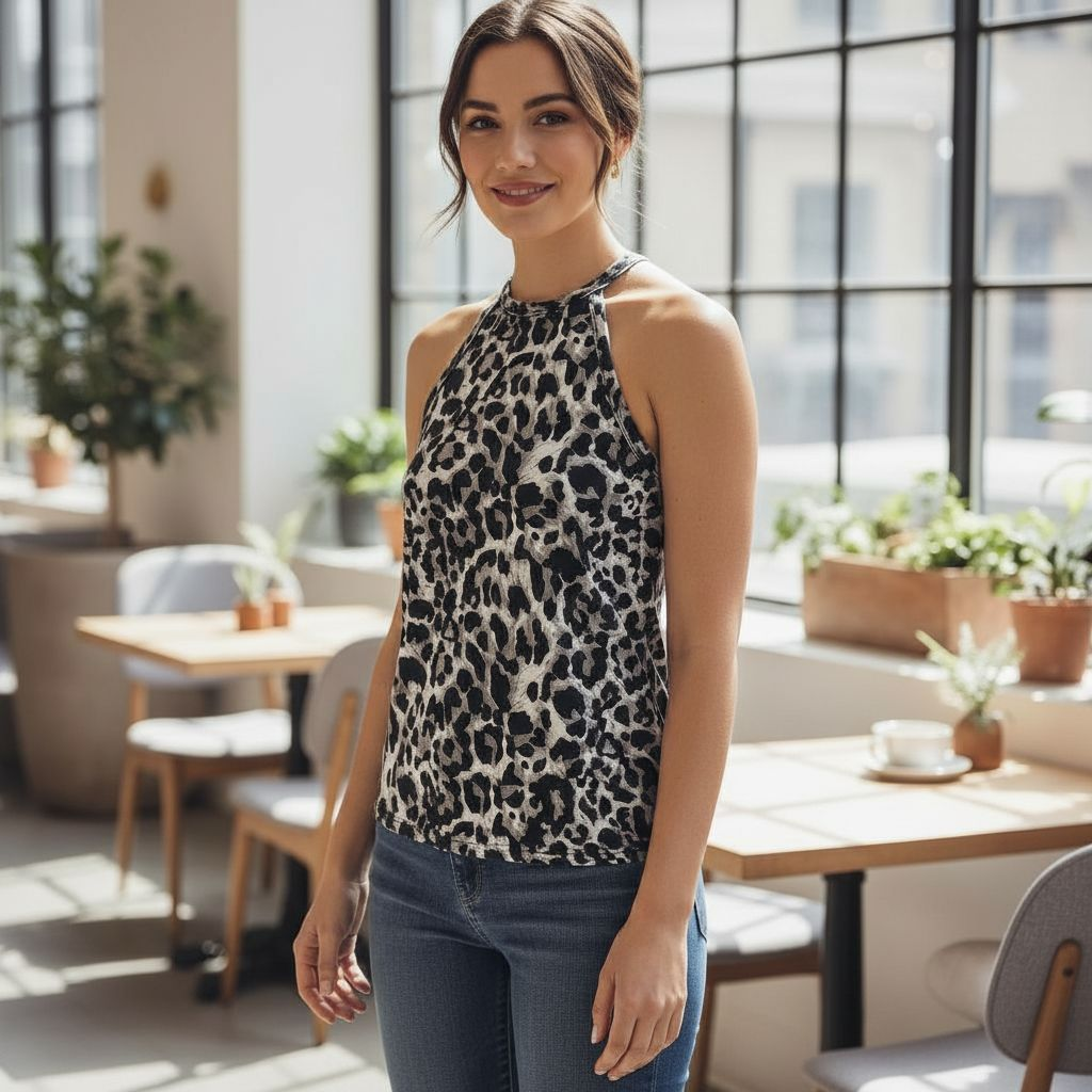 Women's sleeveless halter neck top - Leopard print