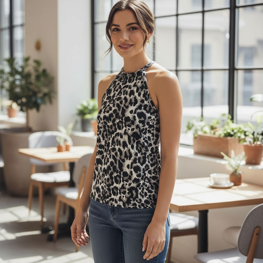 Women's sleeveless halter neck top - Leopard print